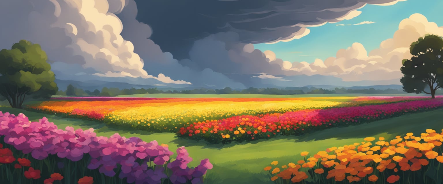 A large, dark cloud looms over a field of vibrant flowers, casting a shadow and blocking the sunlight