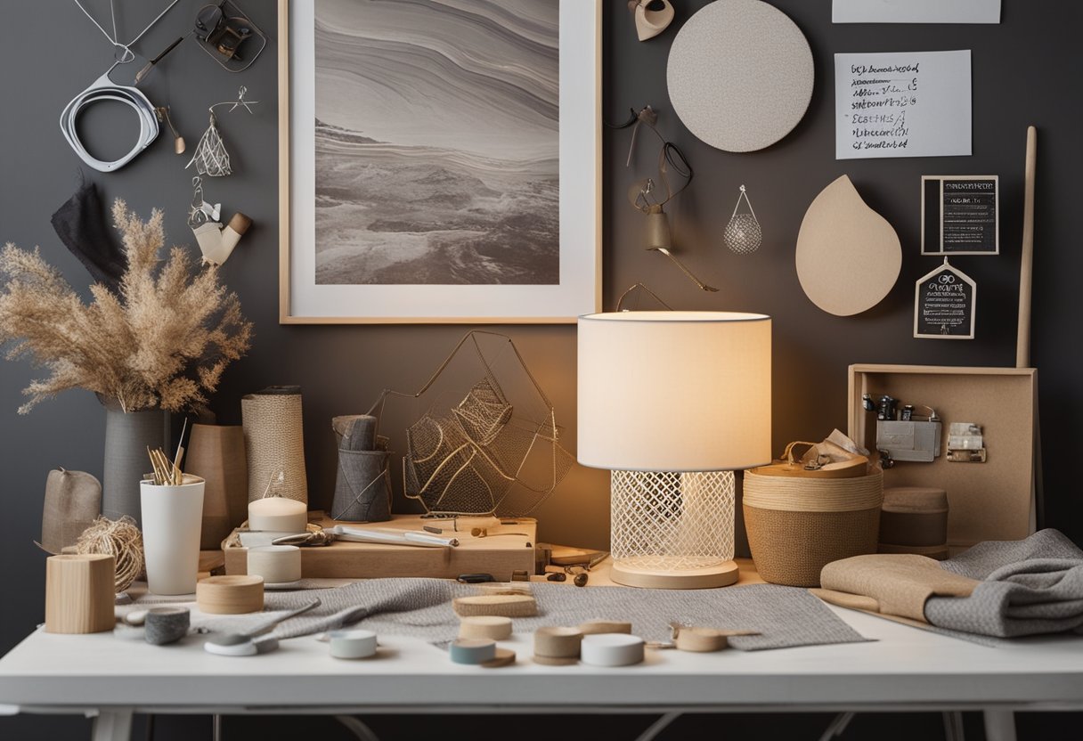 A table with various crafting materials and tools, including fabric, scissors, glue, and a lampshade frame. A mood board with DIY lampshade ideas pinned on the wall for creative inspiration