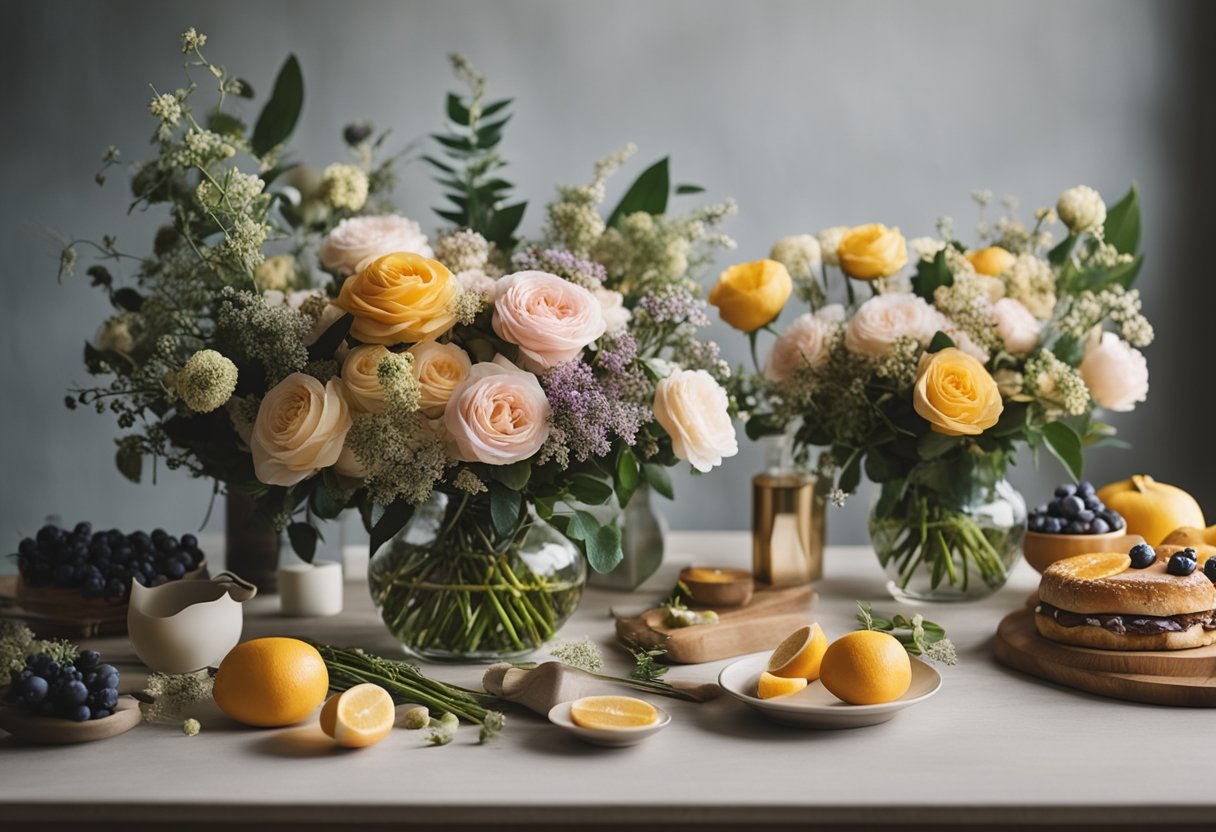 A table with various classic floral arrangements, including stunning bouquets and essential design tools, set against a backdrop of soft, natural lighting
