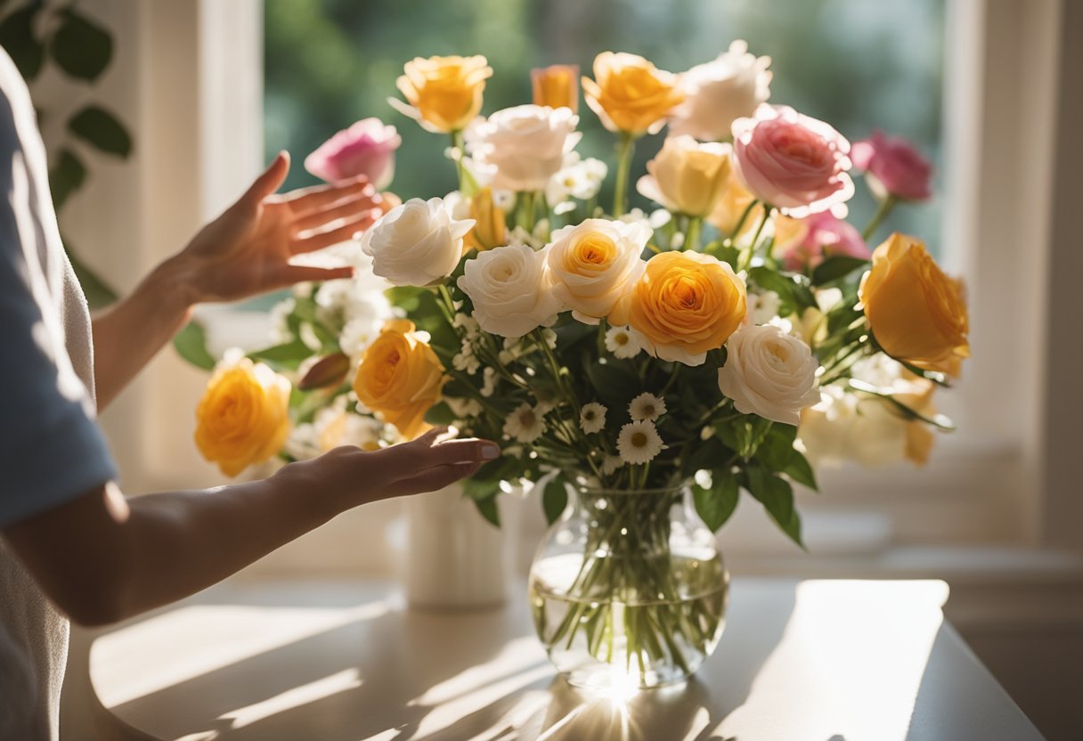 A hand reaches for a vibrant mix of roses, lilies, and daisies. A vase and floral foam sit nearby, ready for arranging. Bright sunlight streams through the window, casting a warm glow on the scene