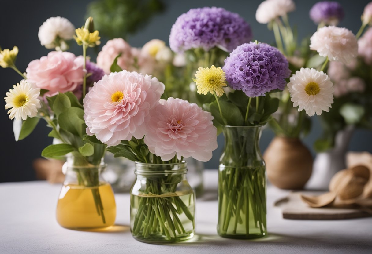 A table is covered with fresh flowers, vases, and floral foam. Scissors, wire, and ribbon are nearby. The room is filled with the sweet scent of flowers