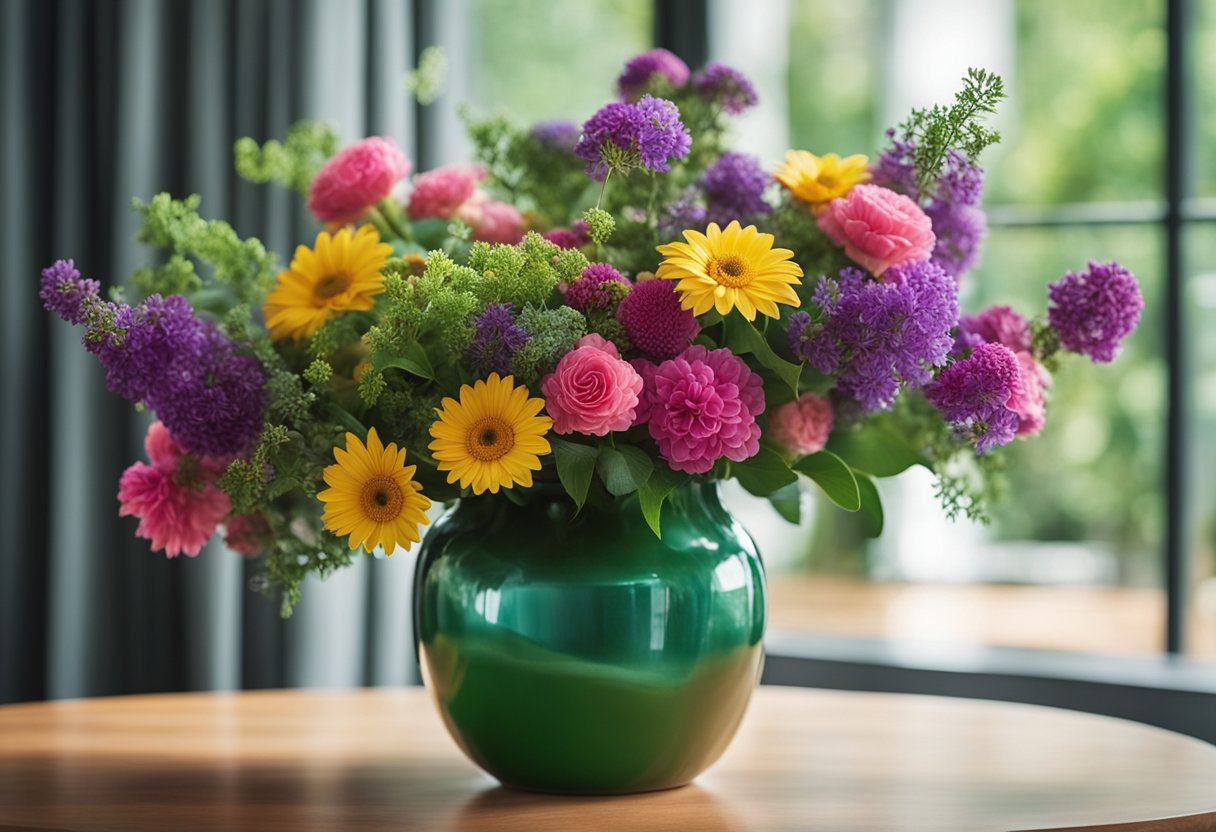 A vase of vibrant flowers sits on a polished table, surrounded by green foliage. The arrangement is balanced and elegant, with a mix of colors and textures