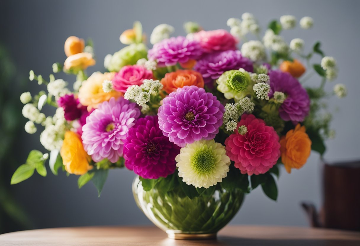 Vibrant flowers arranged in a classic style, varying in height and color, placed in a decorative vase on a clean, well-lit table