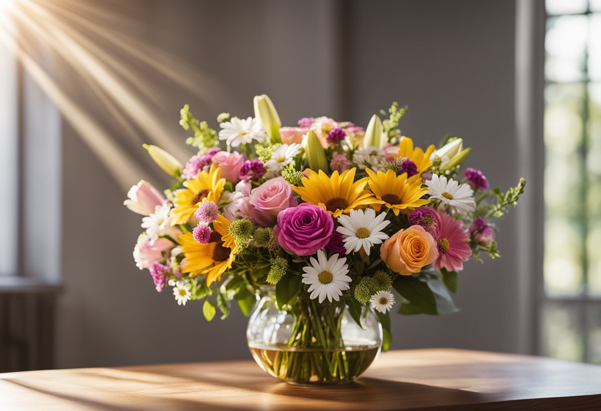 A vase filled with vibrant flowers, including roses, lilies, and daisies, sits on a polished wooden table. The sunlight streams in, casting a warm glow on the arrangement