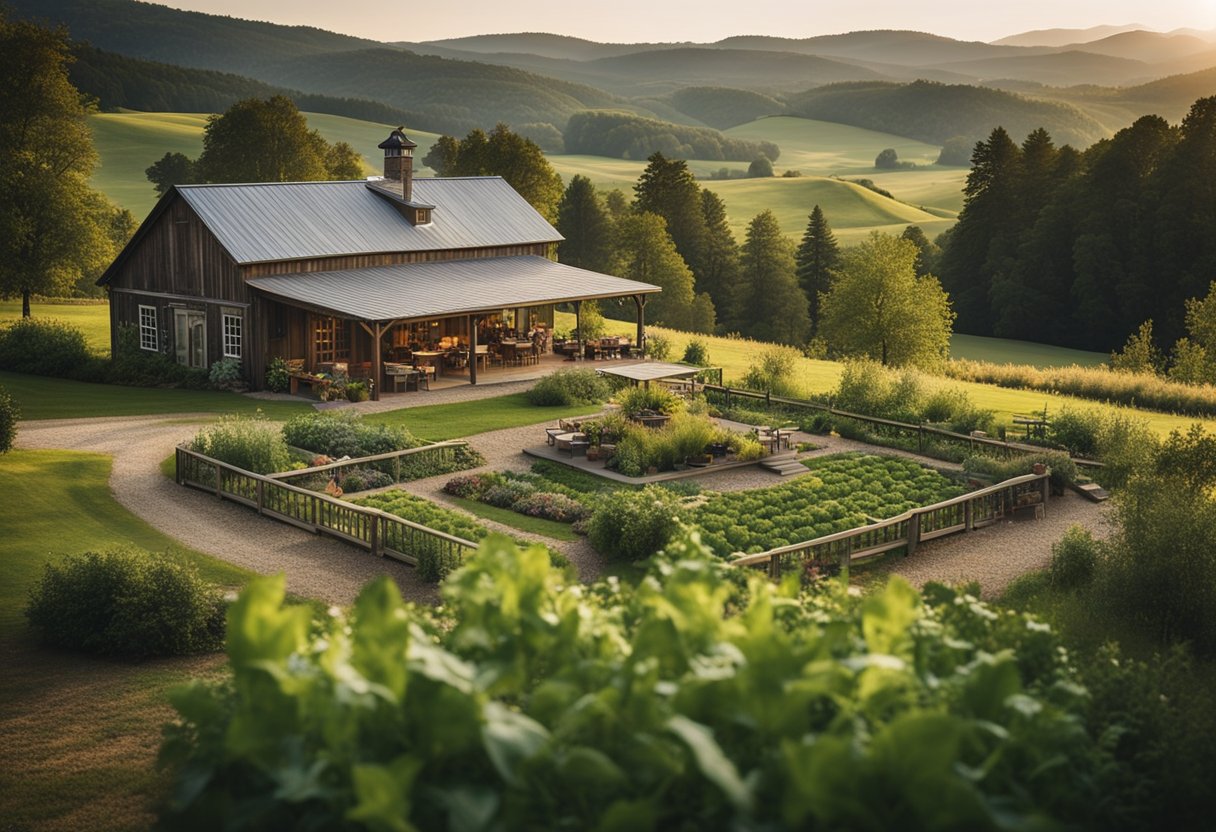 A rustic farmhouse with a wrap-around porch, surrounded by rolling green hills and a barn in the distance. A cozy fire pit and a vegetable garden complete the charming scene