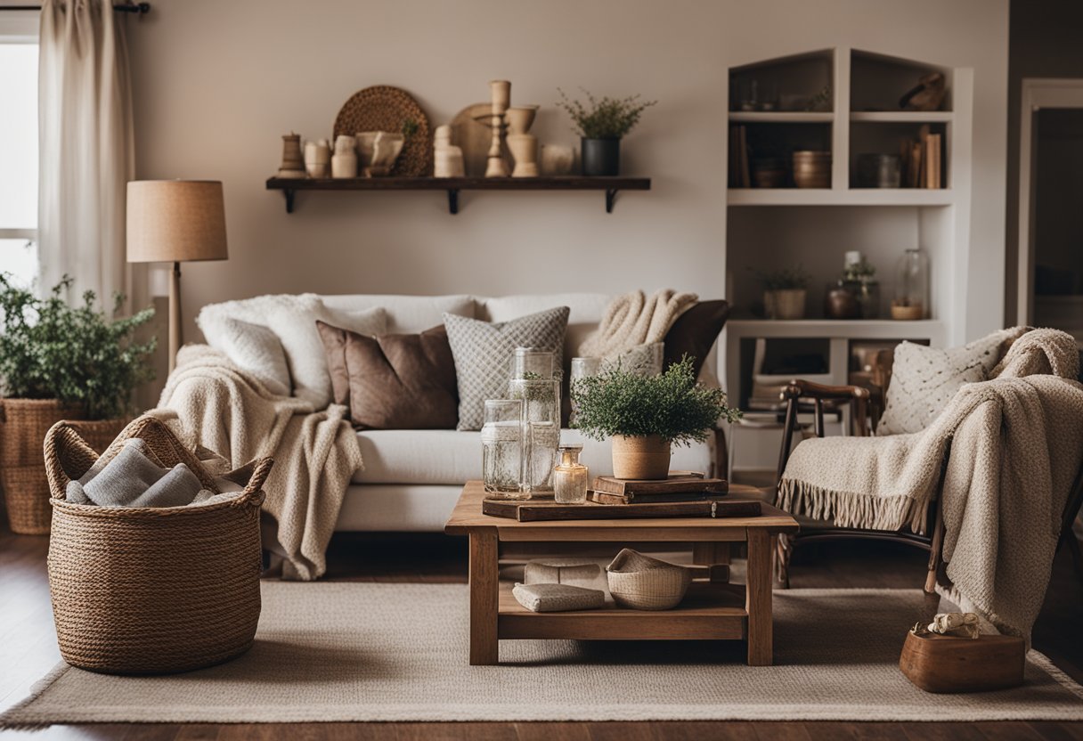 A cozy farmhouse living room with refurbished wooden furniture, soft throw blankets, and vintage decor. The warm, rustic atmosphere invites relaxation and comfort