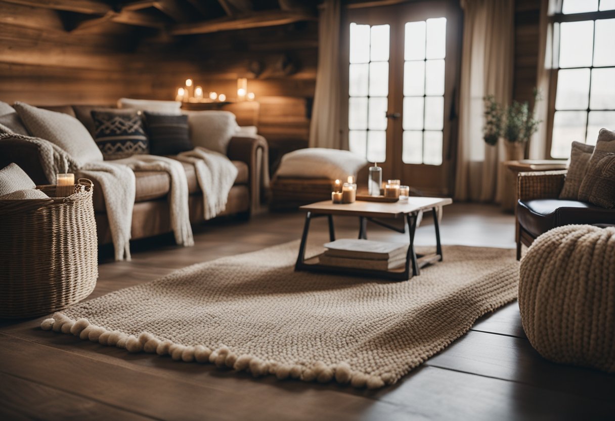 A rustic farmhouse with cozy textiles scattered throughout, including warm blankets, soft pillows, and woven rugs, adding a touch of charm to the home