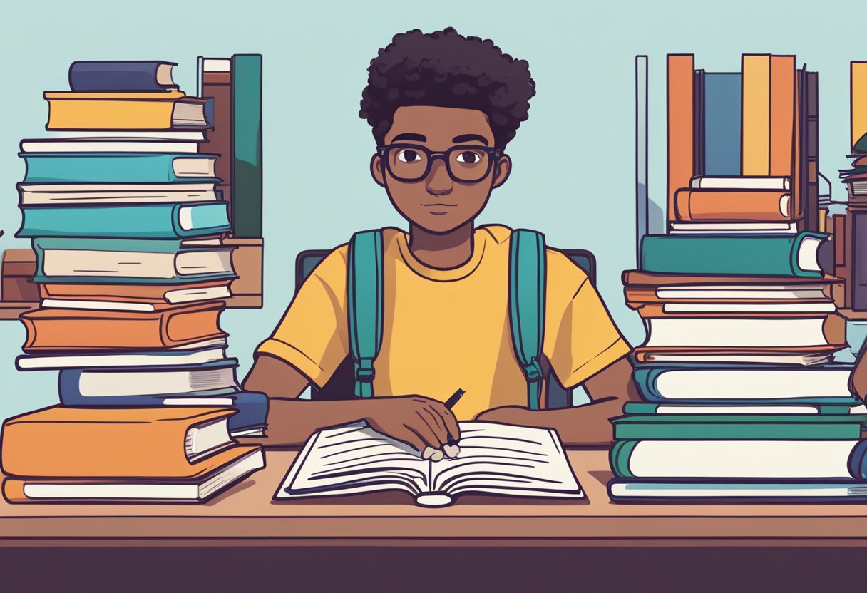 A student sits at a desk, surrounded by textbooks and a laptop. They appear determined, with a look of concentration on their face as they navigate through online learning challenges