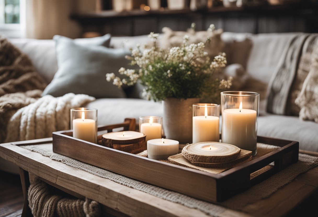 A cozy farmhouse living room with rustic throw pillows, a soft knitted blanket, and a vintage wooden tray with candles and books on a weathered coffee table