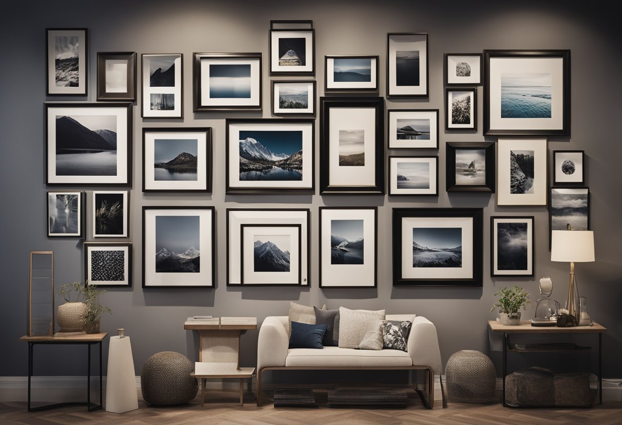 A gallery wall with various sized artwork arranged in a balanced and visually appealing display, with a mix of frames and styles