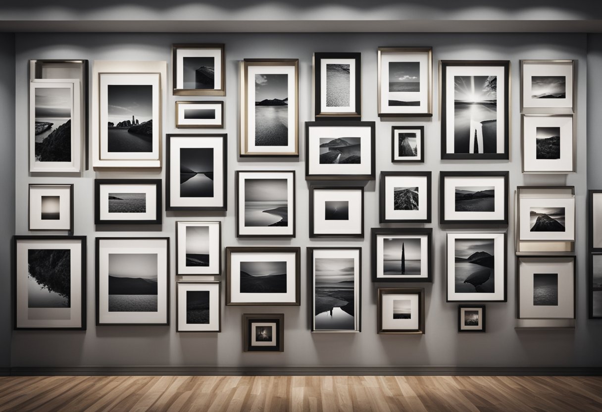 A gallery wall with various sized frames arranged in a balanced and visually appealing manner. The frames are evenly spaced and aligned, creating a cohesive and polished display