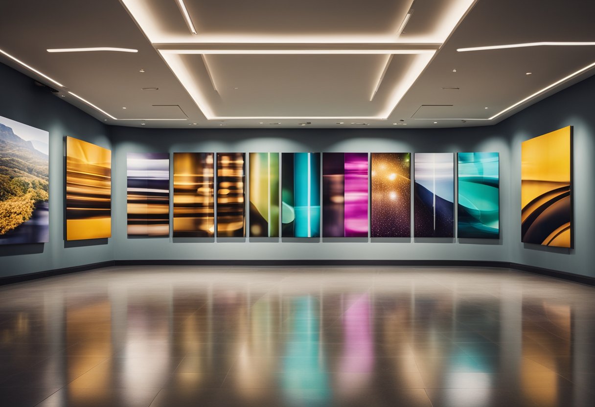 A symmetrical wall display of various sized artworks with equal spacing and cohesive color scheme