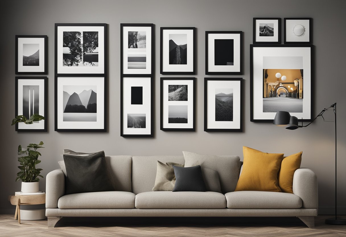 A wall with various art pieces arranged in a balanced and visually appealing display. Frames are evenly spaced and hung at eye level. Lighting highlights the artwork without casting harsh shadows