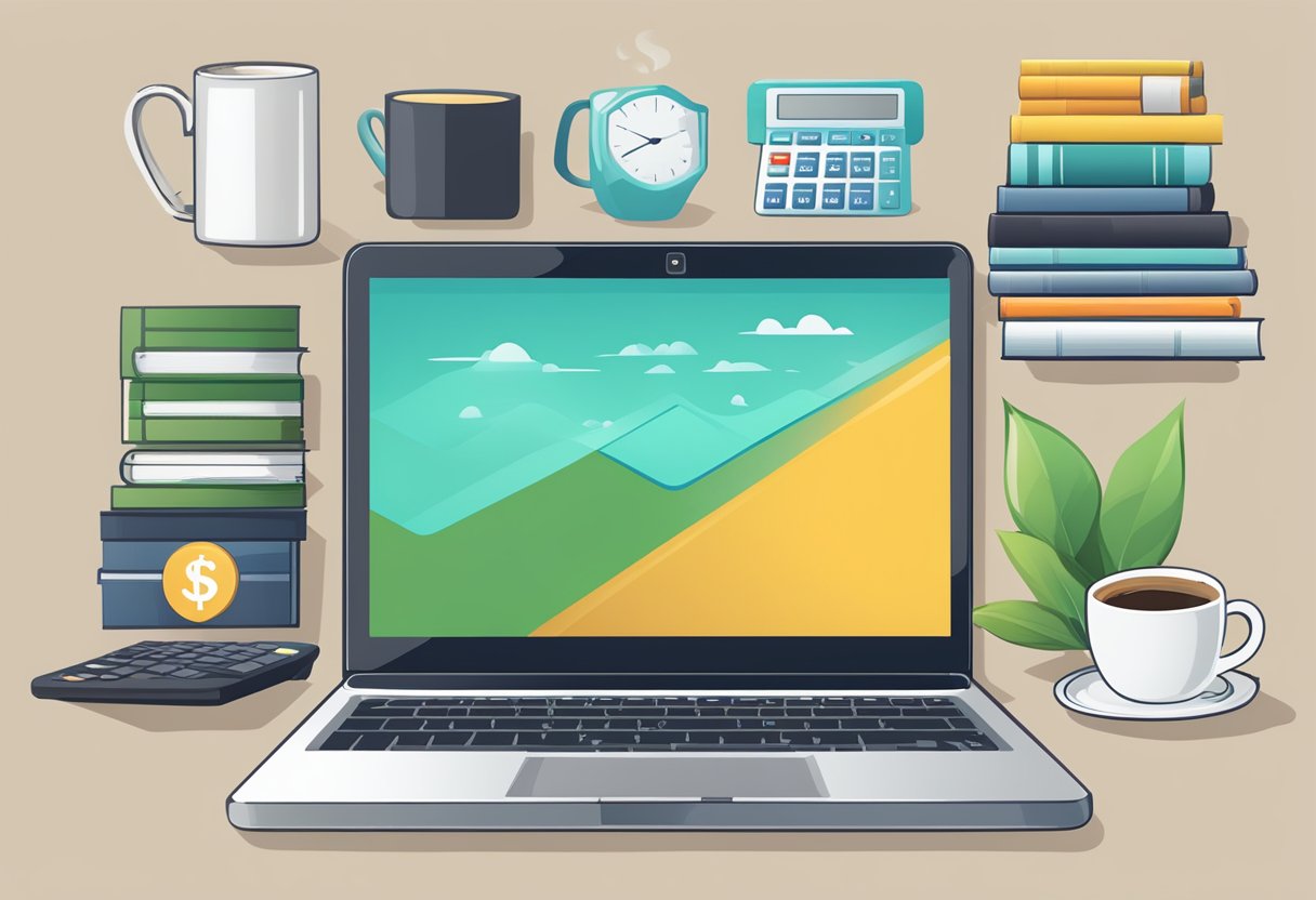 A laptop with 5 finance logos on the screen, surrounded by books, a calculator, and a cup of coffee