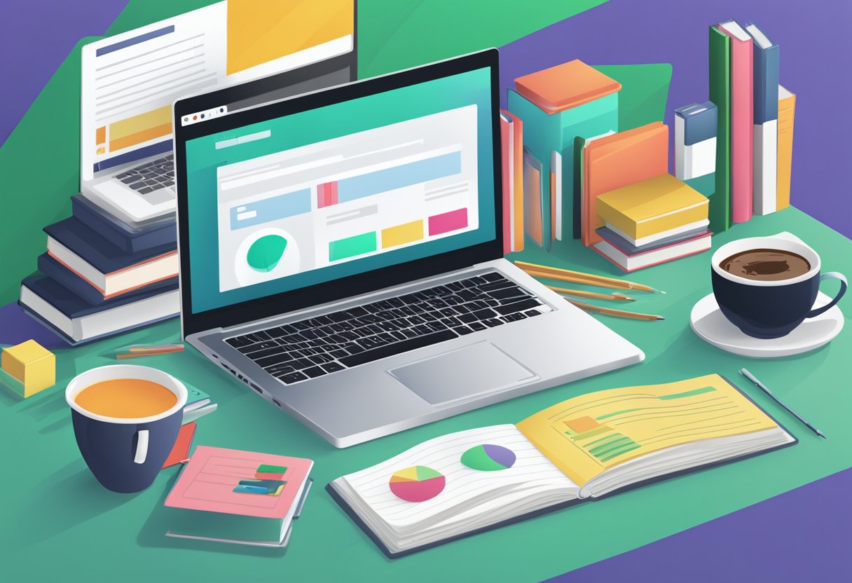 A laptop with Udemy website open, surrounded by finance-related books and a cup of coffee
