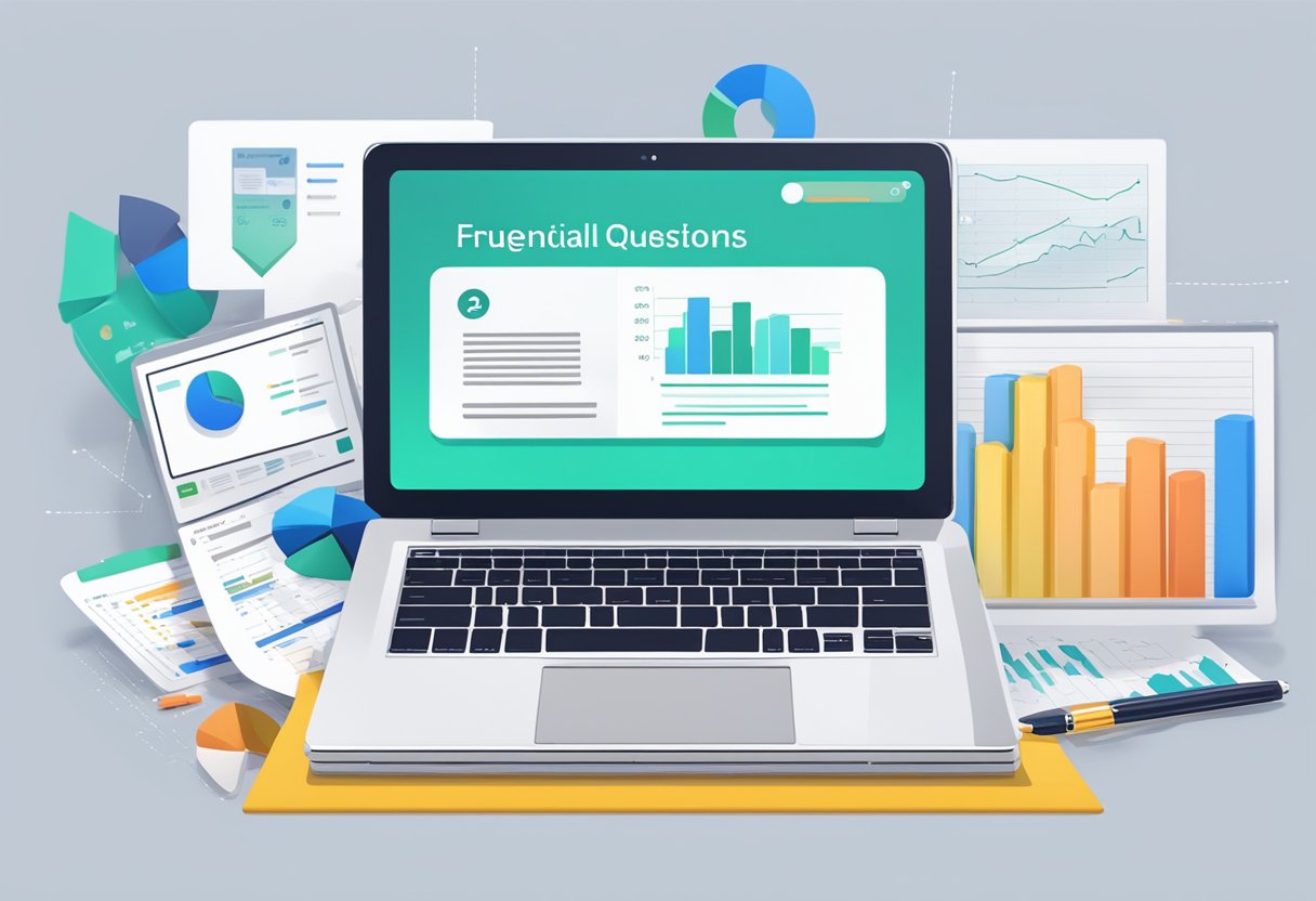 A laptop displaying "Frequently Asked Questions: 5 best online learning platform for finance" with financial charts and graphs in the background