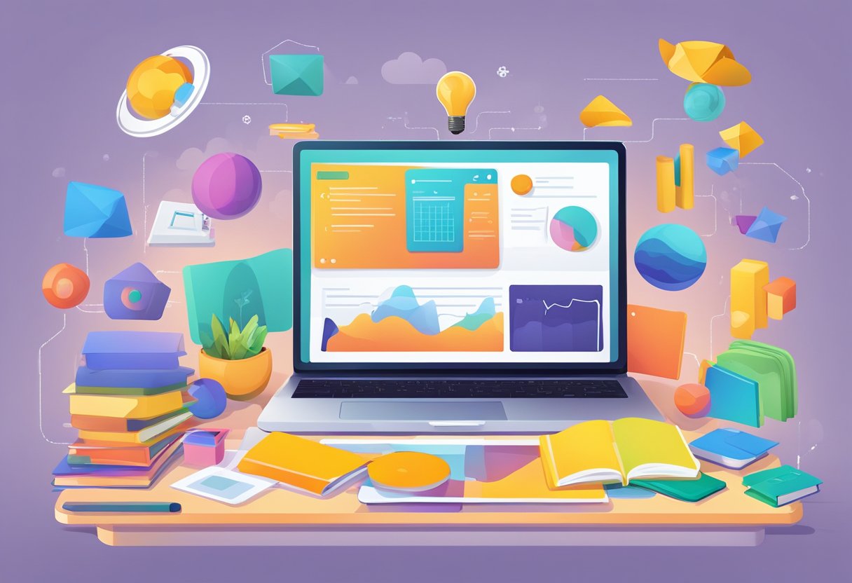 A laptop surrounded by colorful, interactive learning materials, with engaging visuals and interactive activities displayed on the screen