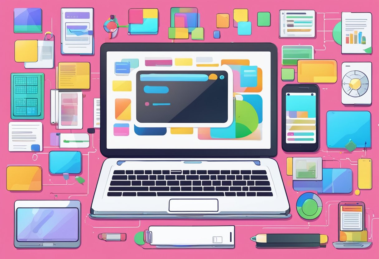 A laptop surrounded by colorful interactive elements, with a variety of multimedia resources displayed on the screen, and a chat window open for student interaction