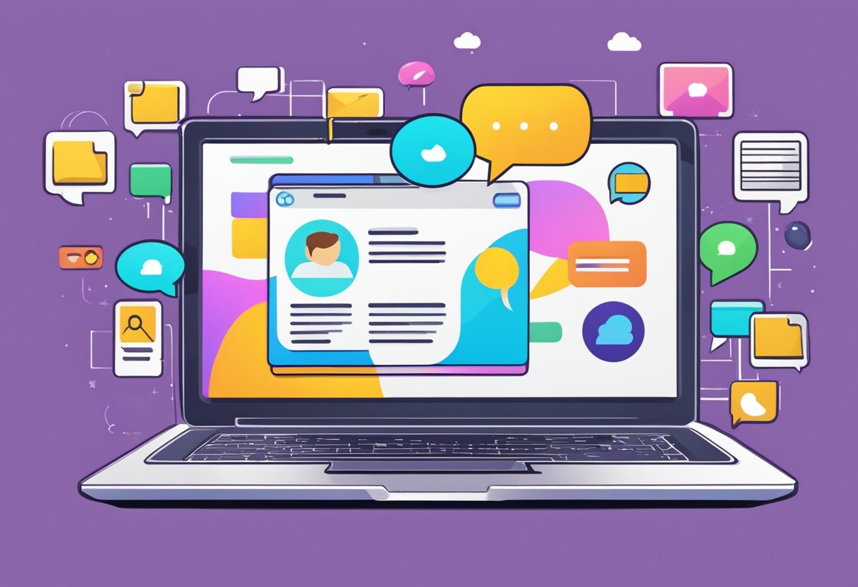 A laptop displaying interactive content with a chat box, surrounded by colorful icons and graphics. A speech bubble with positive feedback hovers above