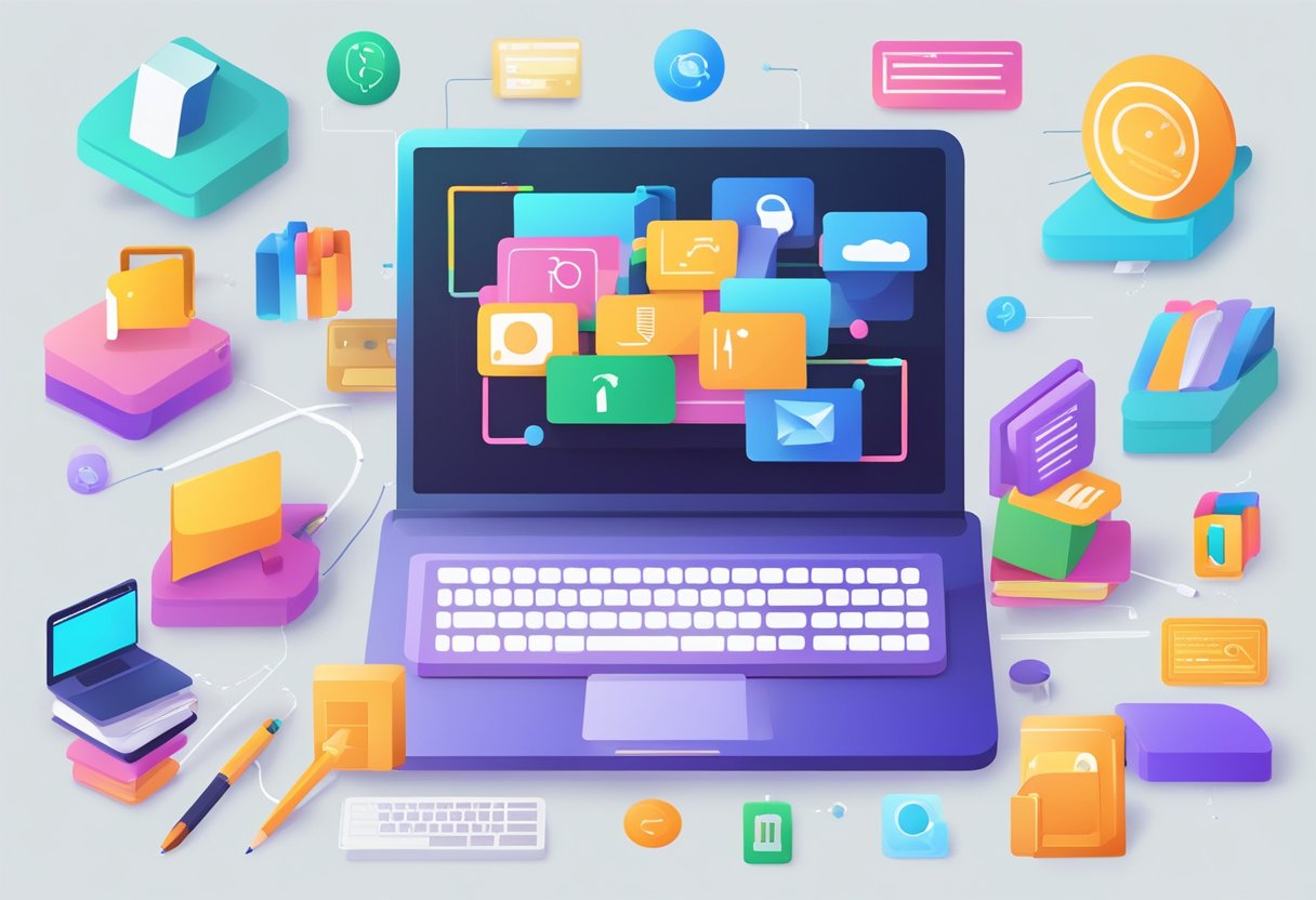 A computer screen surrounded by colorful icons and interactive tools, with a variety of learning materials displayed, and a chat box for student engagement