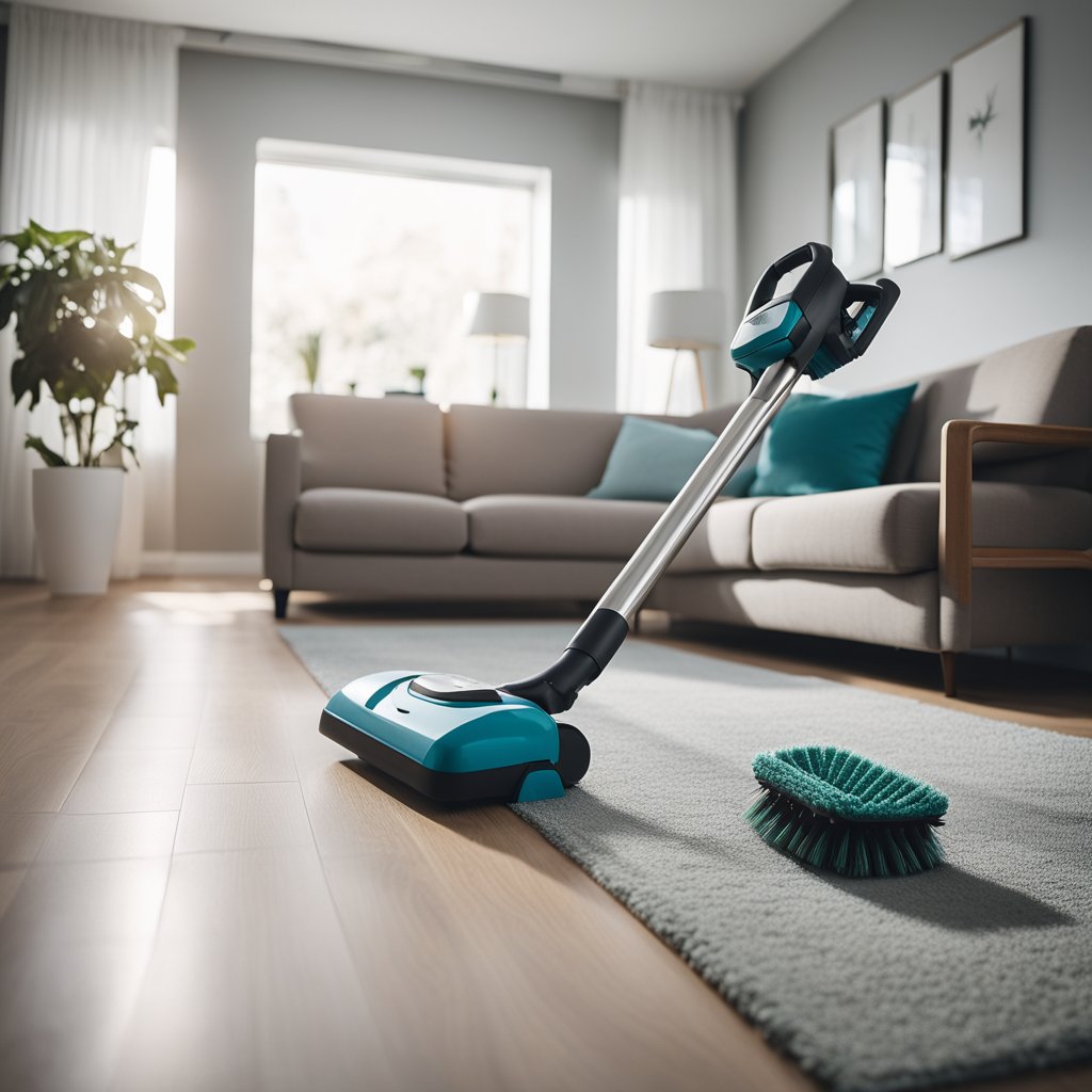 A clean, organized living room with a vacuum in the corner, a neatly made bed, and a scrub brush and bucket next to a sparkling clean bathroom