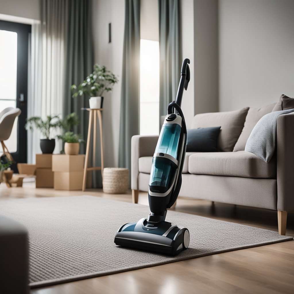 A clean, organized living room with a vacuum in the corner, a neatly made bed, and a basket of cleaning supplies by the door