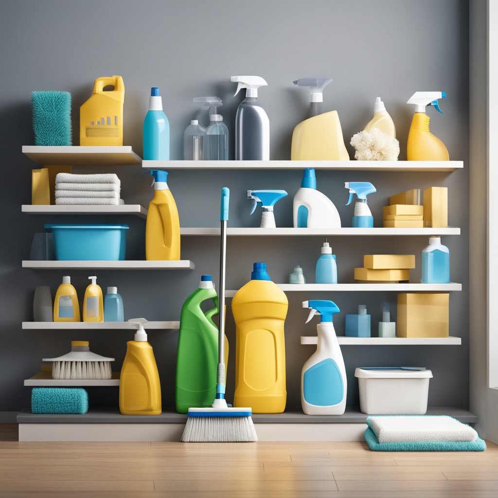 A clean house with essential cleaning products arranged neatly on a shelf, a vacuum and mop ready for use