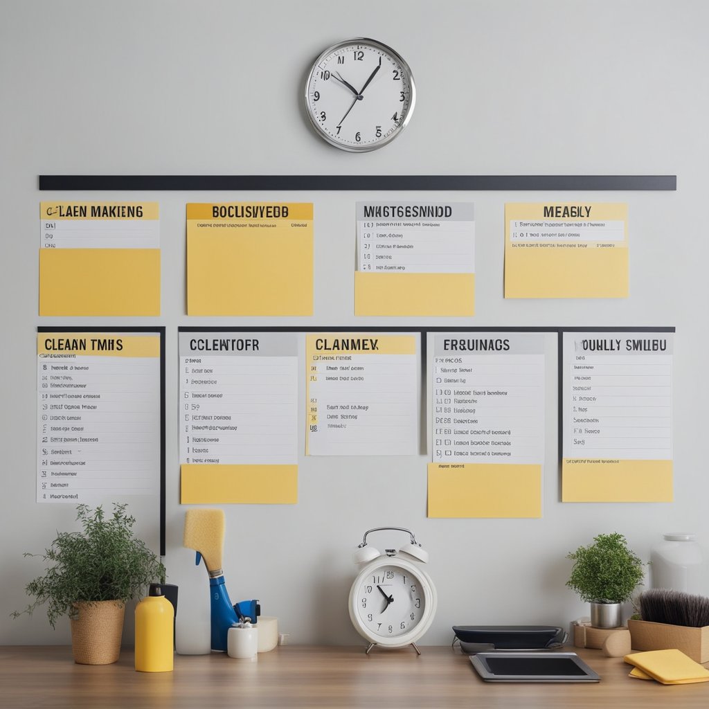 A clean, organized house with designated areas for different tasks. A schedule on the wall outlines daily, weekly, and monthly cleaning tasks