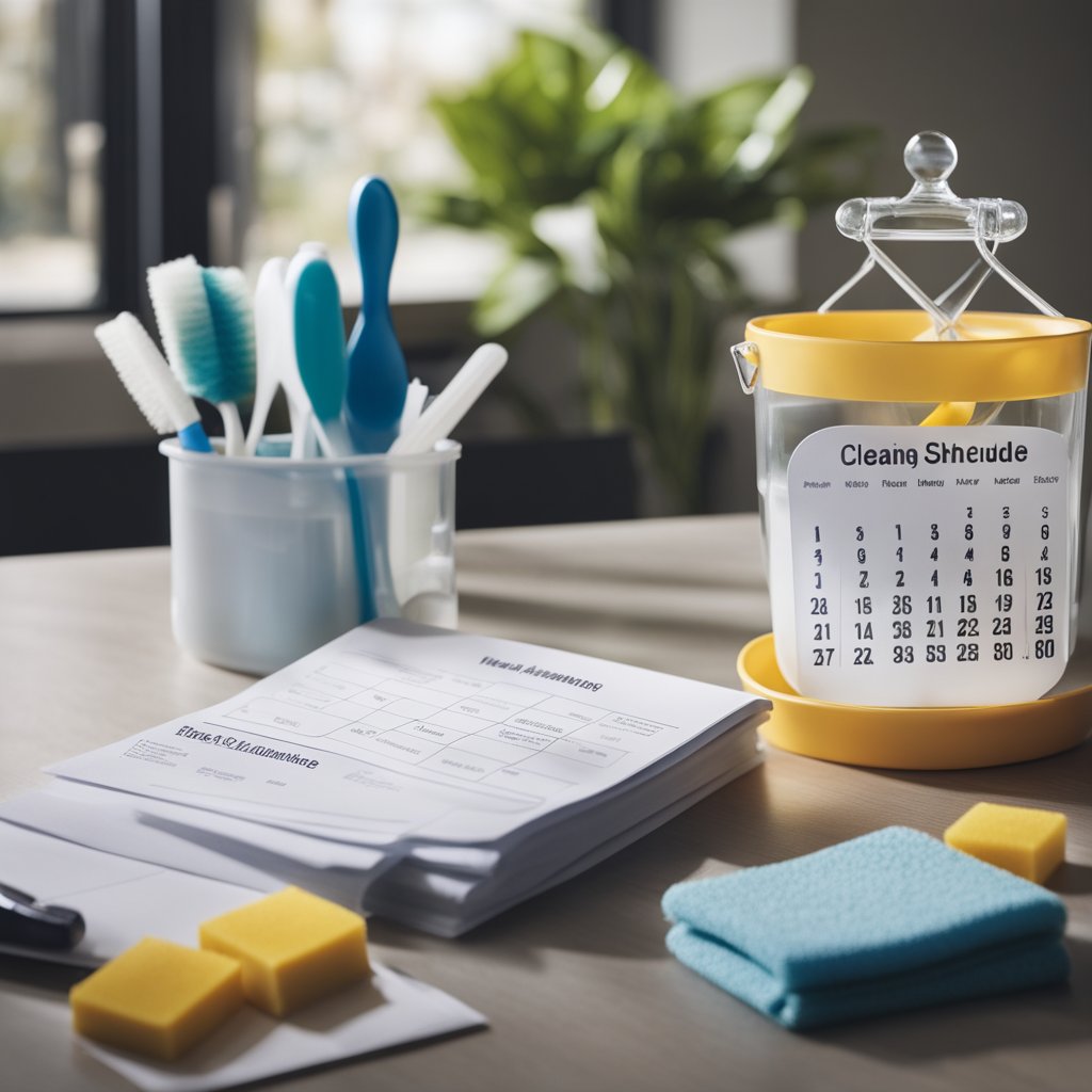 A weekly cleaning schedule being created on a desk with cleaning supplies and a calendar, symbolizing establishing a routine for a new solo homeowner