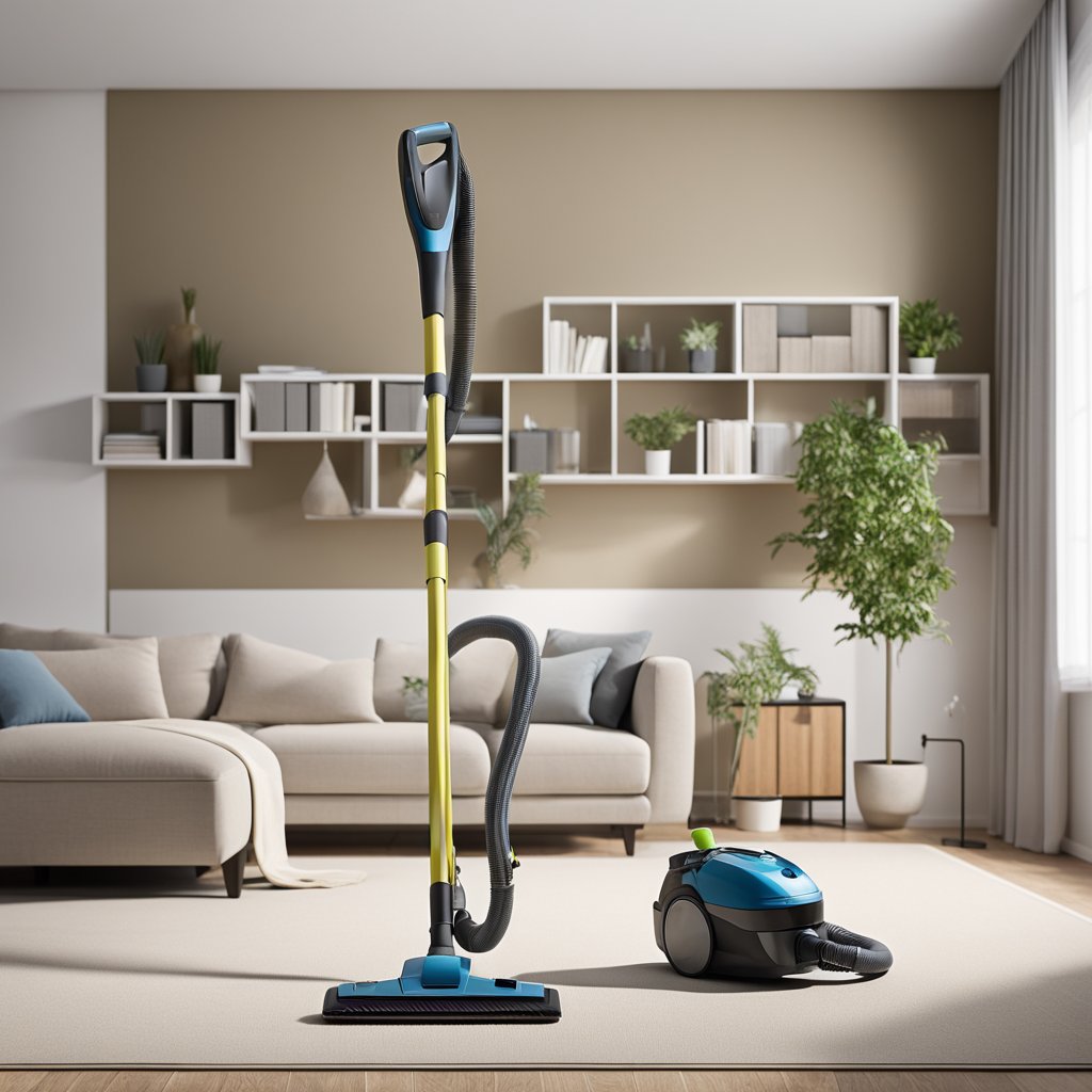 A clean, organized living room with a vacuum, mop, and cleaning supplies neatly arranged. A schedule on the wall outlines daily, weekly, and monthly cleaning tasks