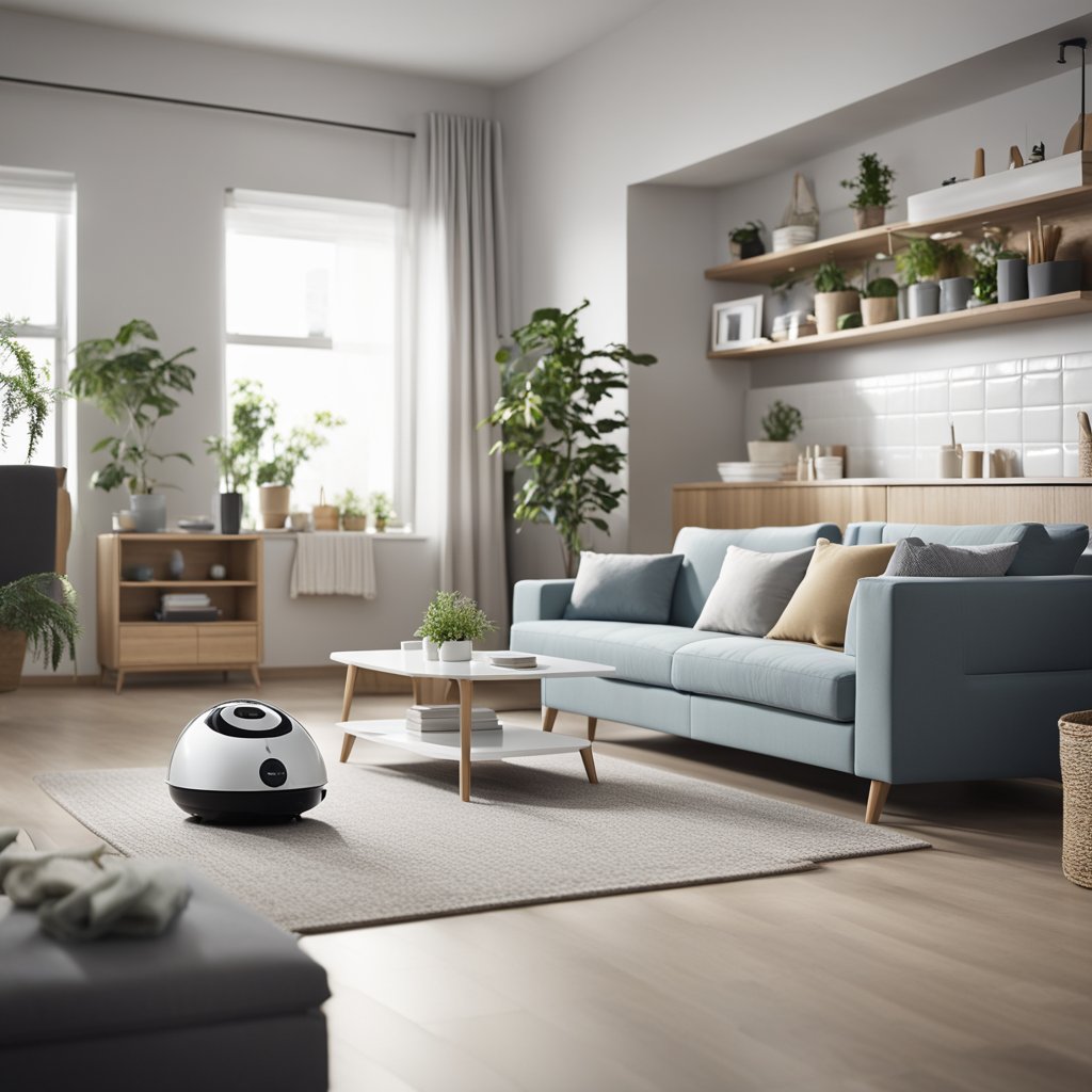 A tidy living room with vacuum marks, organized shelves, and a freshly made bed. A clean kitchen with wiped countertops and neatly arranged dishes. A sparkling bathroom with folded towels and a scrubbed bathtub