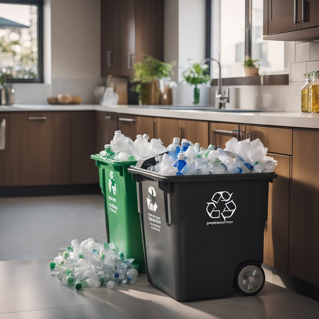 A recycling bin overflowing with plastic bottles, a trash can filled with paper, and a separate container for glass, all neatly organized in a corner of the kitchen