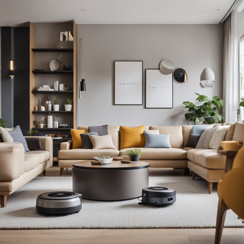 A tidy living room with vacuum marks on the carpet, neatly arranged furniture, and organized shelves. A clean kitchen with wiped countertops and neatly stacked dishes