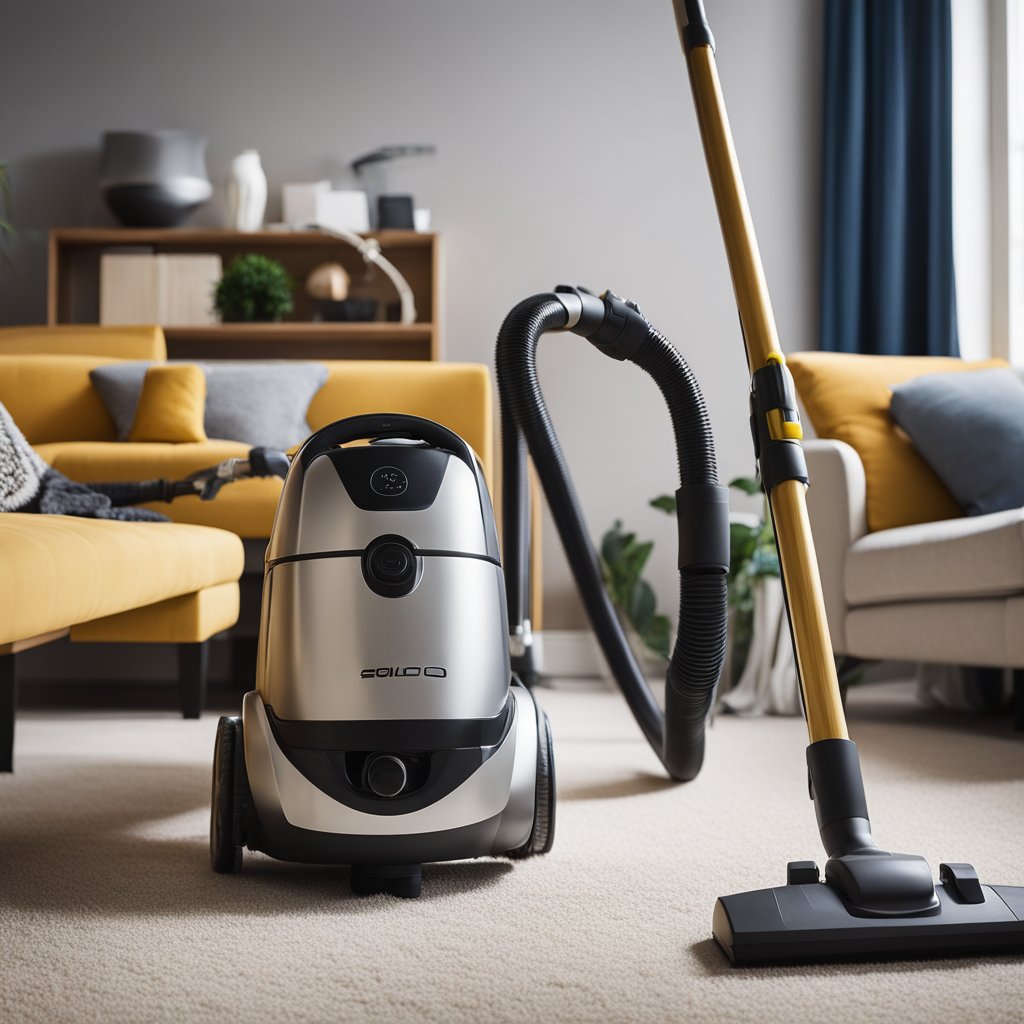 A tidy living room with a vacuum, mop, and cleaning supplies neatly organized. A schedule on the wall outlines daily cleaning tasks for a new solo dweller