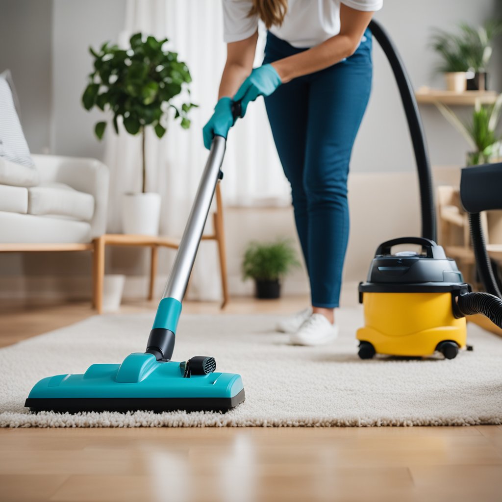 A person cleaning a tidy home with a vacuum, dusting, and watering plants. Pets playfully roam around the clean space