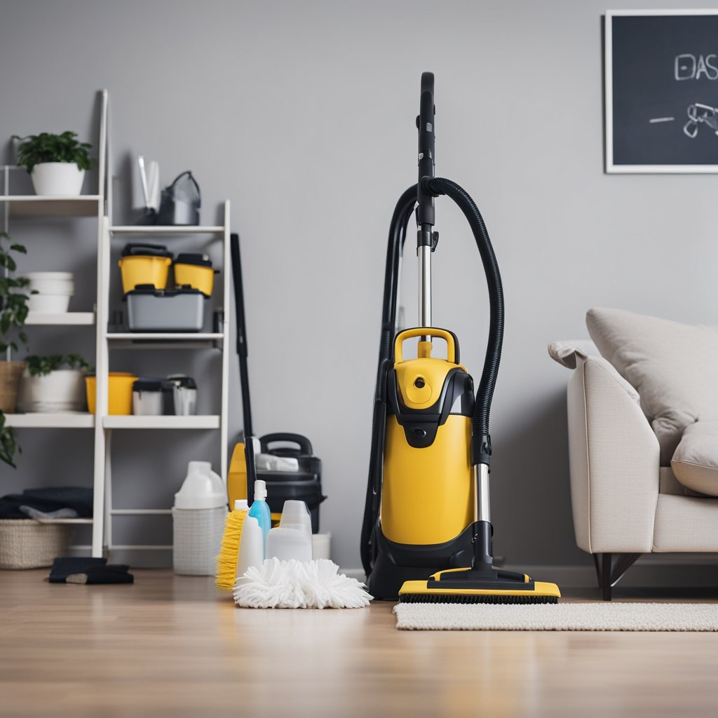 A clean, organized home with a vacuum, mop, and cleaning supplies neatly arranged. A schedule on the wall outlines daily, weekly, and monthly tasks