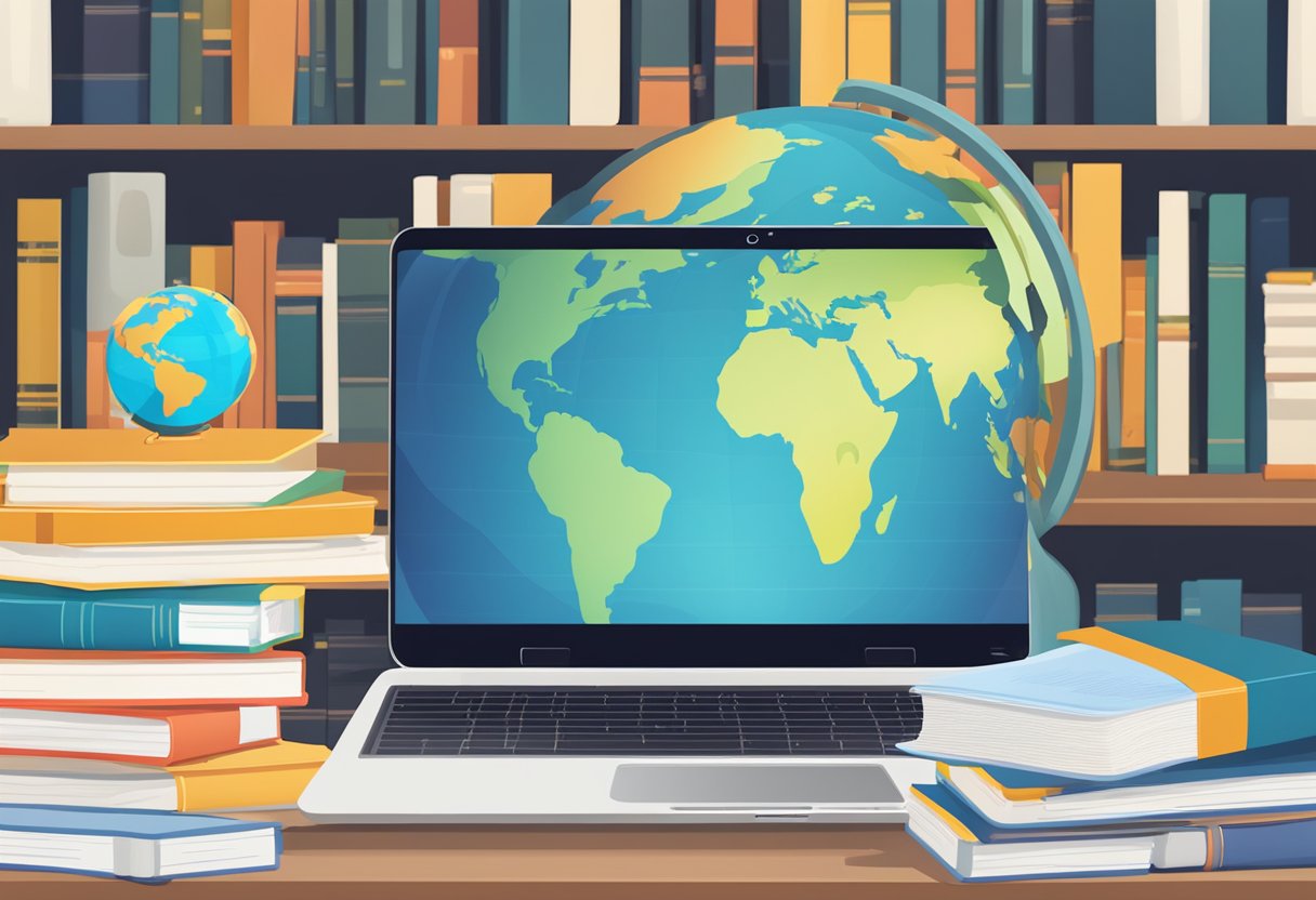 A laptop with a virtual classroom on the screen, surrounded by books, a globe, and a stack of papers