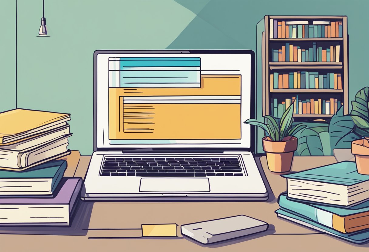 A laptop and a stack of books on a desk, with a computer screen displaying "Frequently Asked Questions: remote learning vs online learning."