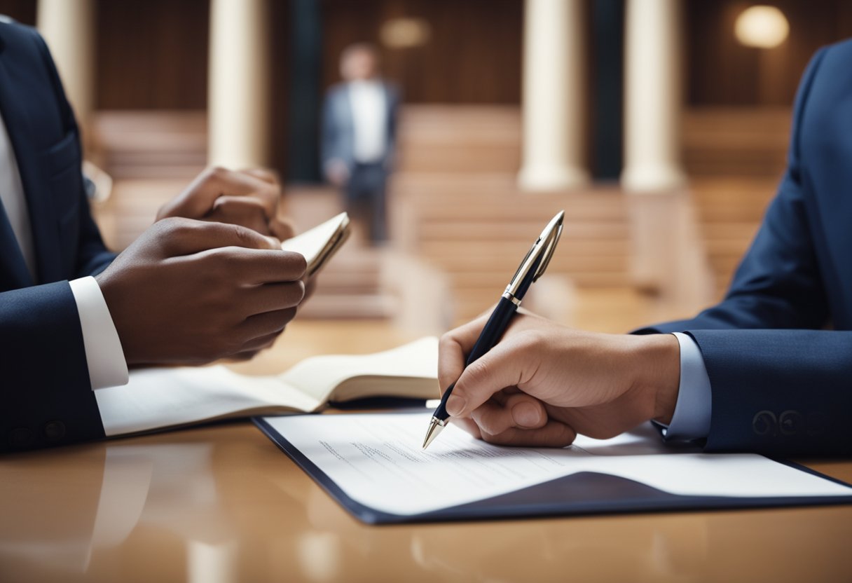 A couple signs a marriage contract in a courthouse