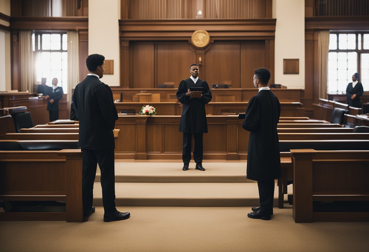 A judge presides over a simple ceremony in a courtroom, as two individuals stand before them to legally formalize their marriage