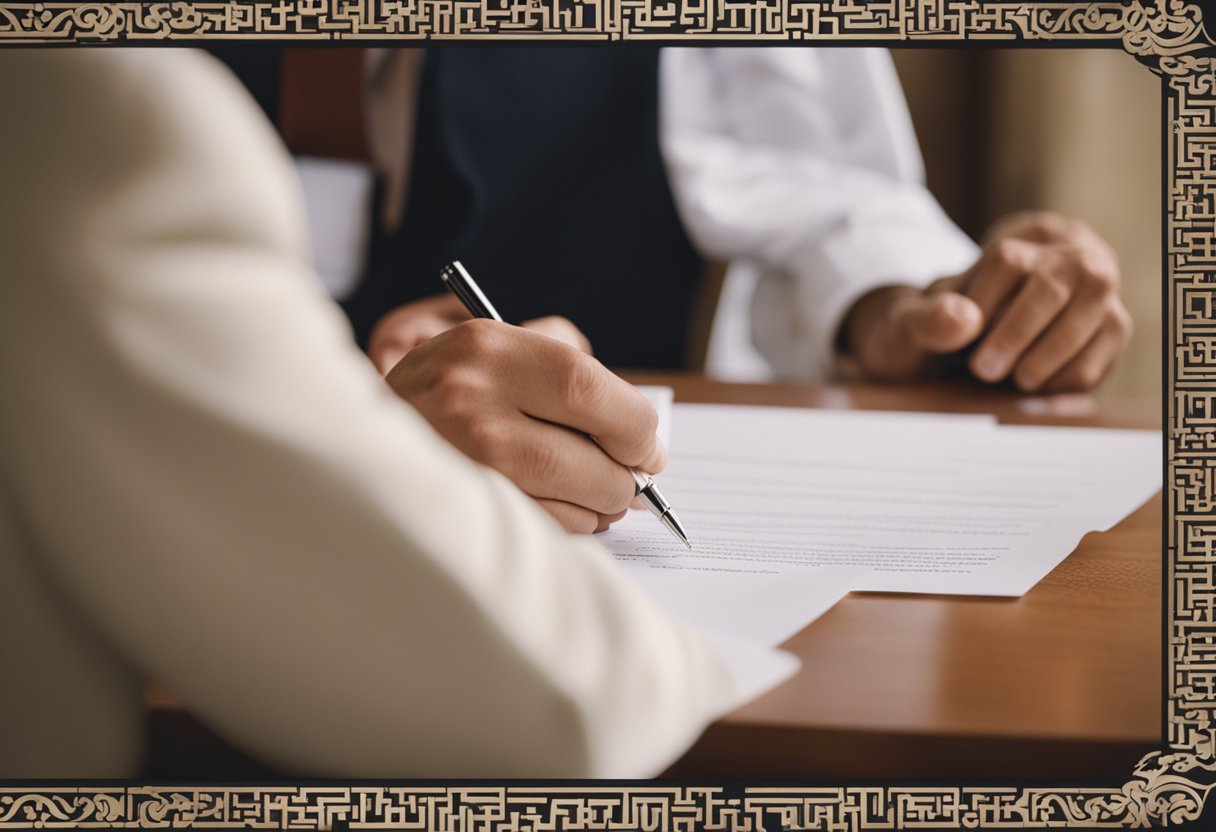 A judge signs marriage documents in a courtroom