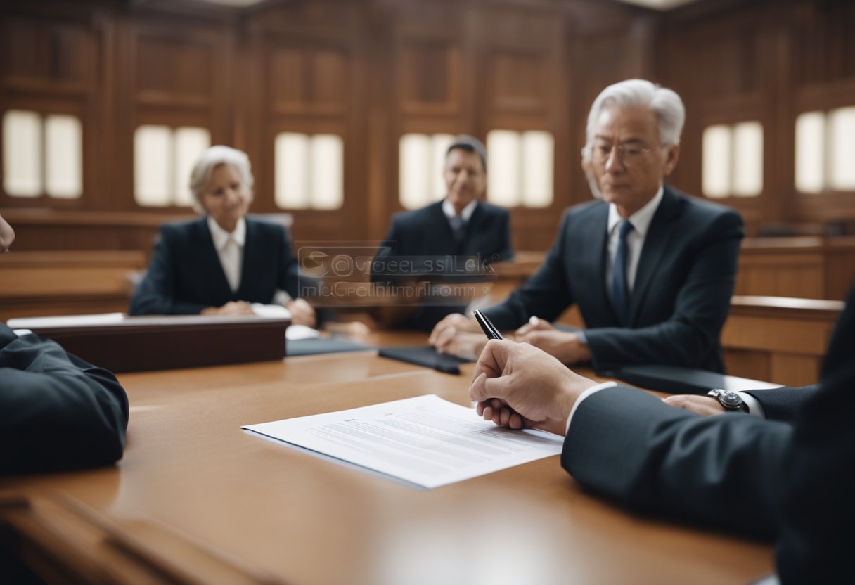 A couple signs legal documents in front of a judge and witnesses in a simple, official setting