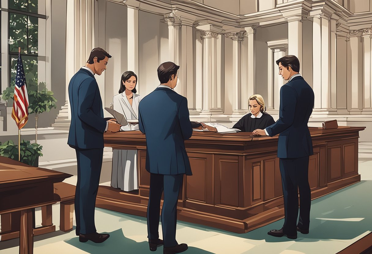 A couple signing legal documents in a courthouse, with a judge officiating the ceremony and witnesses present