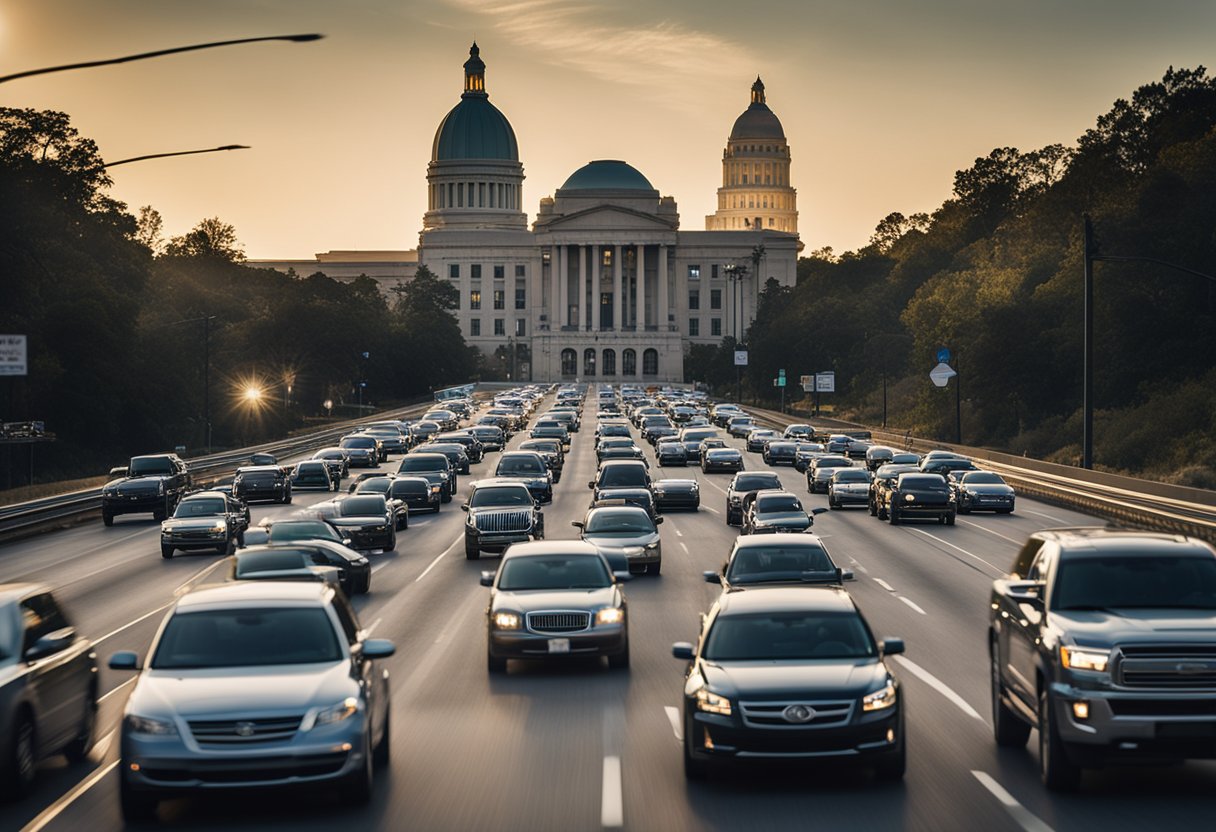 Cars speed along the interstate, while a grand courthouse stands in the background. A sign reads "International Court Marriages" in bold letters