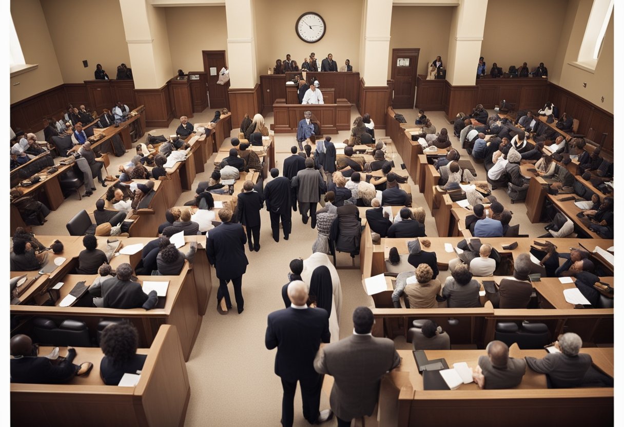 A diverse group of people gather in a courthouse, each representing different cultural and religious backgrounds, discussing marriage laws