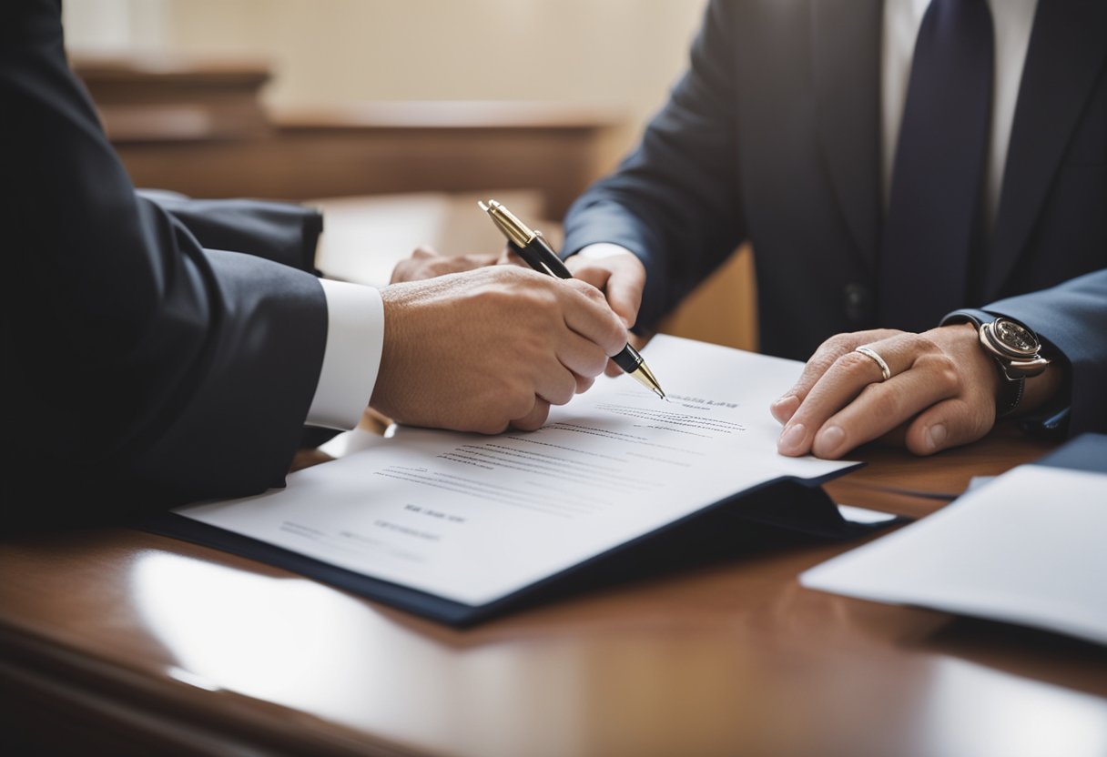 A judge signing a marriage certificate in a courtroom with legal documents and a witness present