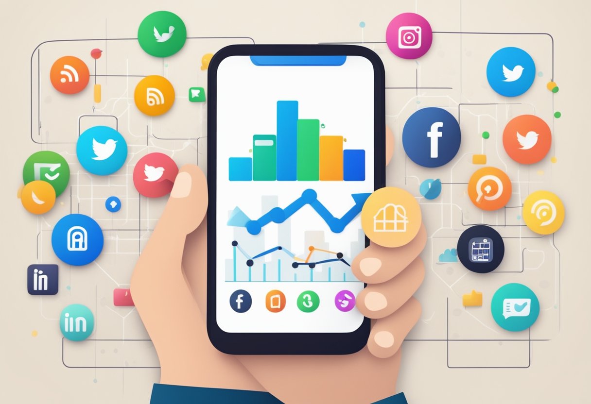 Small business logo displayed on a smartphone with social media icons in the background. Graphs showing increased engagement and sales