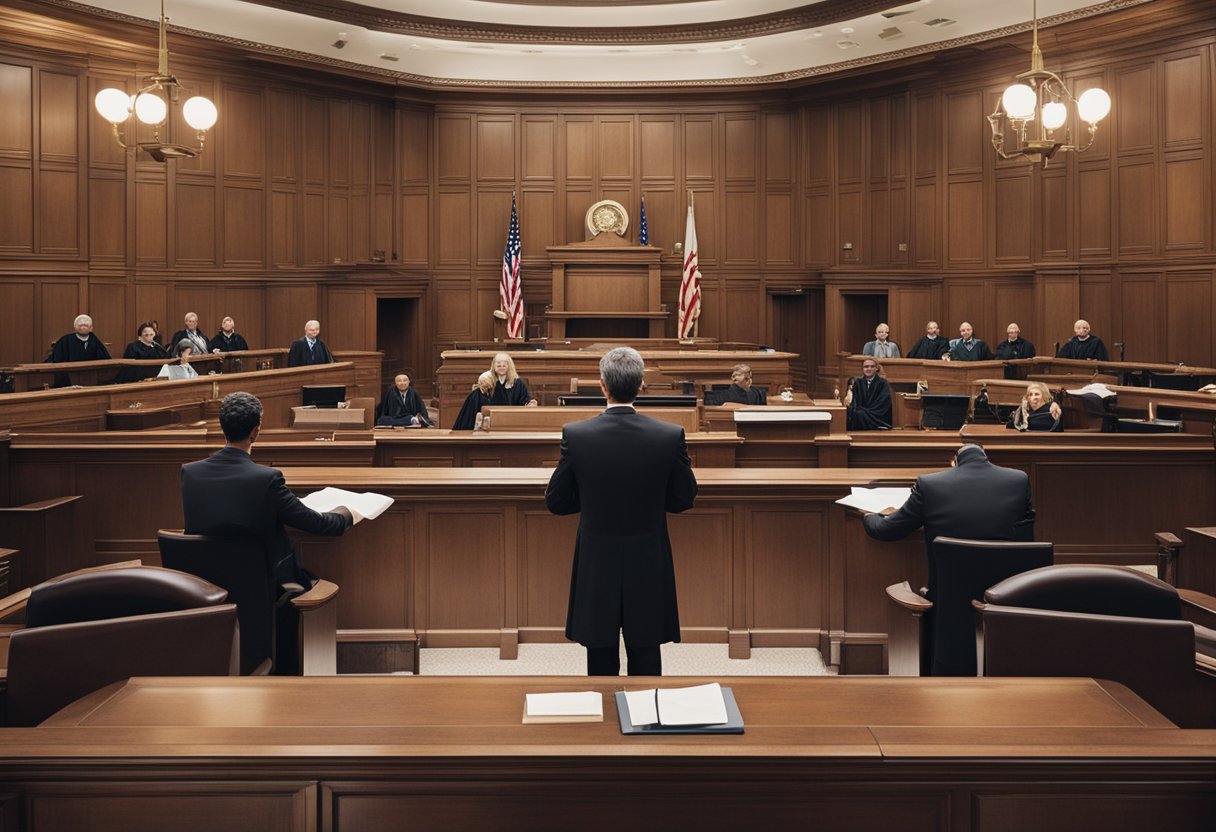 A courtroom with a judge presiding over a legal dispute regarding marriage laws. Lawyers present arguments, while the atmosphere is tense and filled with challenges