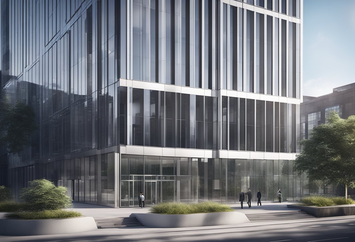 A modern office building with multiple floors, glass windows, and a sleek entrance, representing the professional and organized structure of a law firm