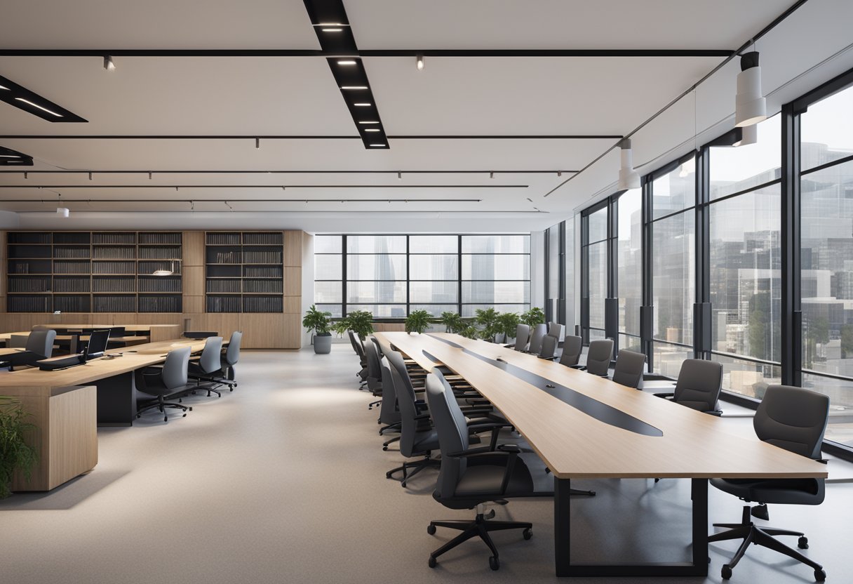 Law firm logos decorate a modern office space with desks, computers, and bookshelves. A conference room is visible with a large table and chairs